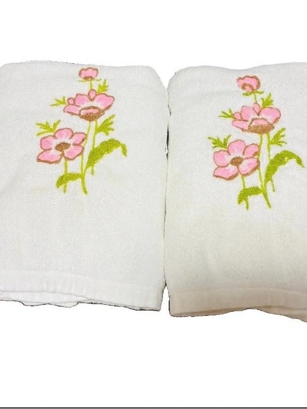 Vintage Set 2 Lady Pepperell ‎ White Bath Towel Pink Floral Embroidery 25x45